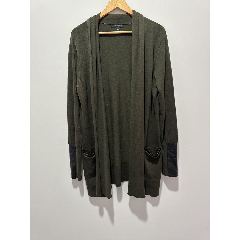 41 Hawthorn Womens Open Cardigan With Faux Leather Accent Dark Green Size Large